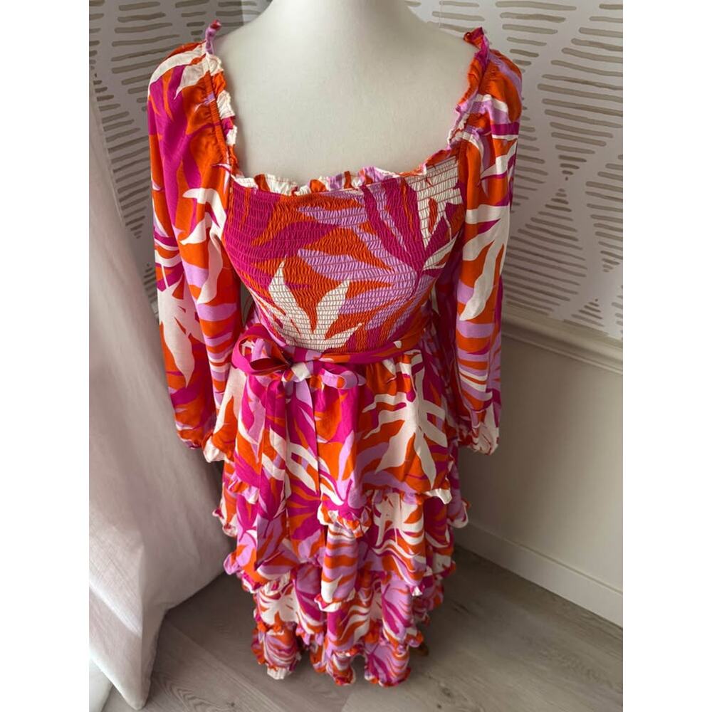 Peach Love Small Tropical Print Tiered Ruffle Smocked Long Sleeve Maxi Dress - Picture 3 of 7